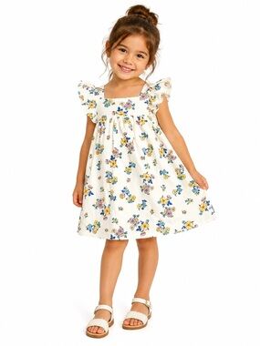 Zara Girls' White Floral Flutter-Sleeve Dress